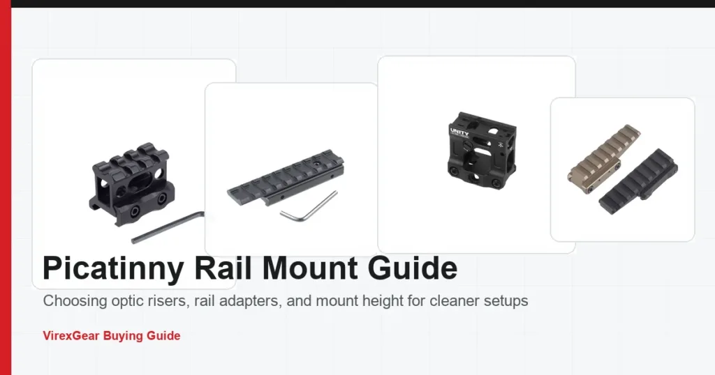 Picatinny rail mounts, risers, and optic adapters arranged for a VirexGear buying guide